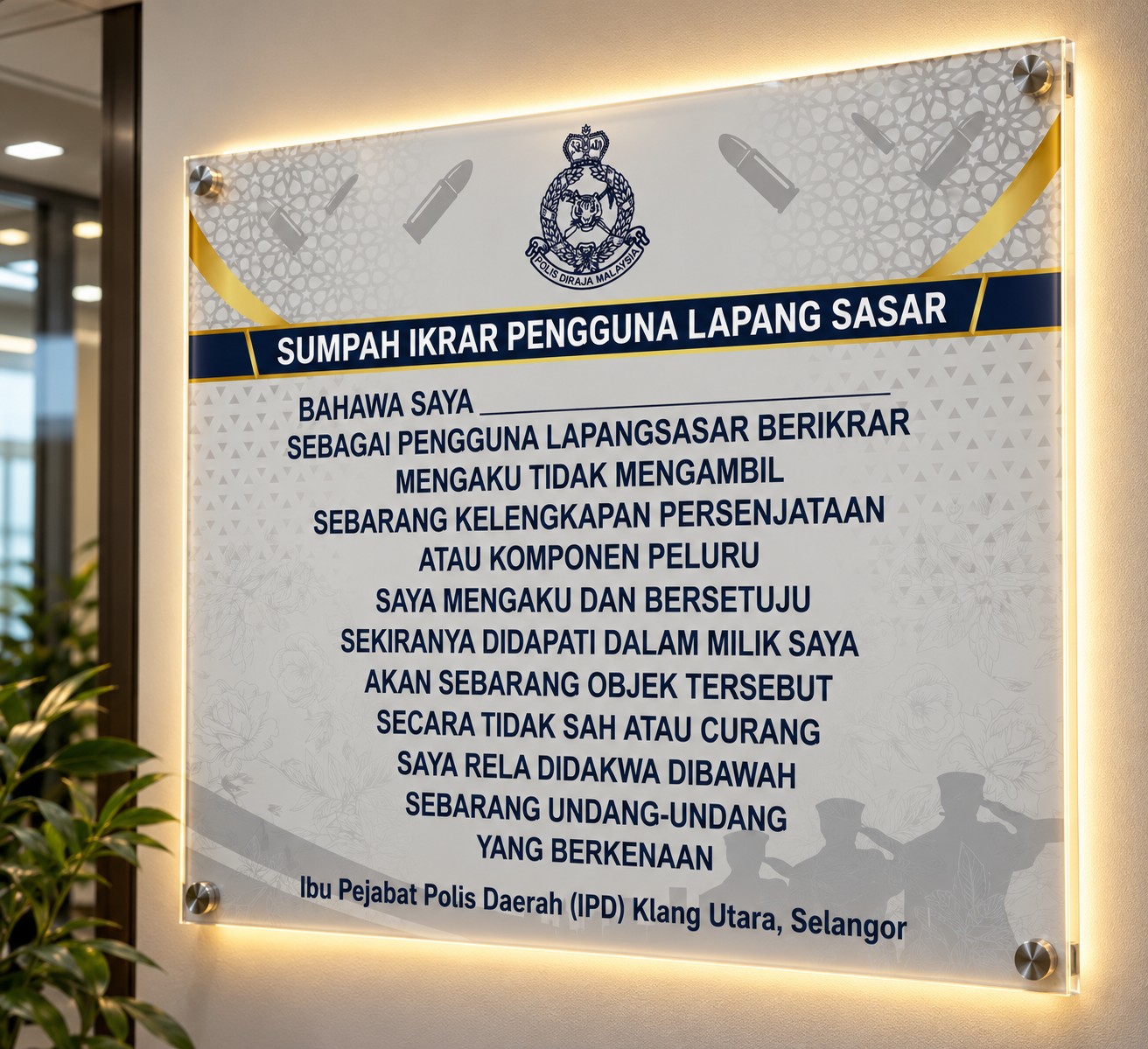 Sumpah Ikrar Pengguna Lapang Sasar board mocked up on a wall
