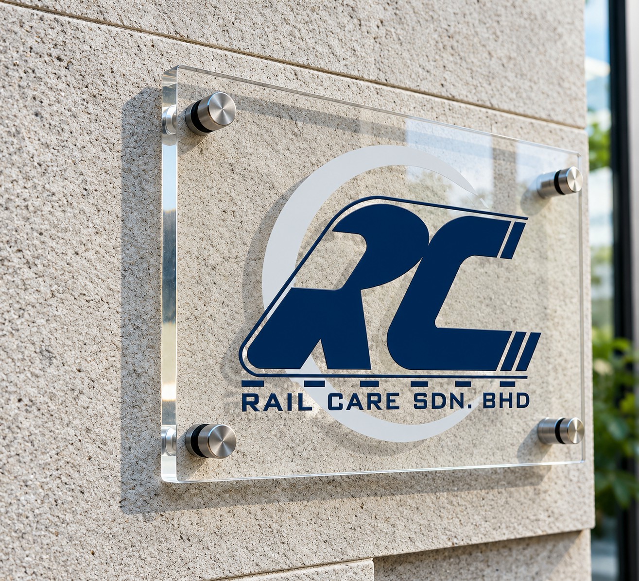 Rail Care logo mocked up on an acrylic wall plaque