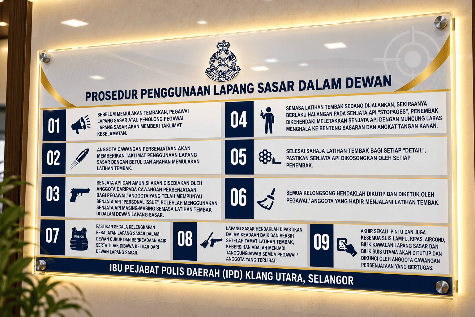 Prosedur Penggunaan Lapang Sasar Dalam Dewan board mocked up on an illuminated wall